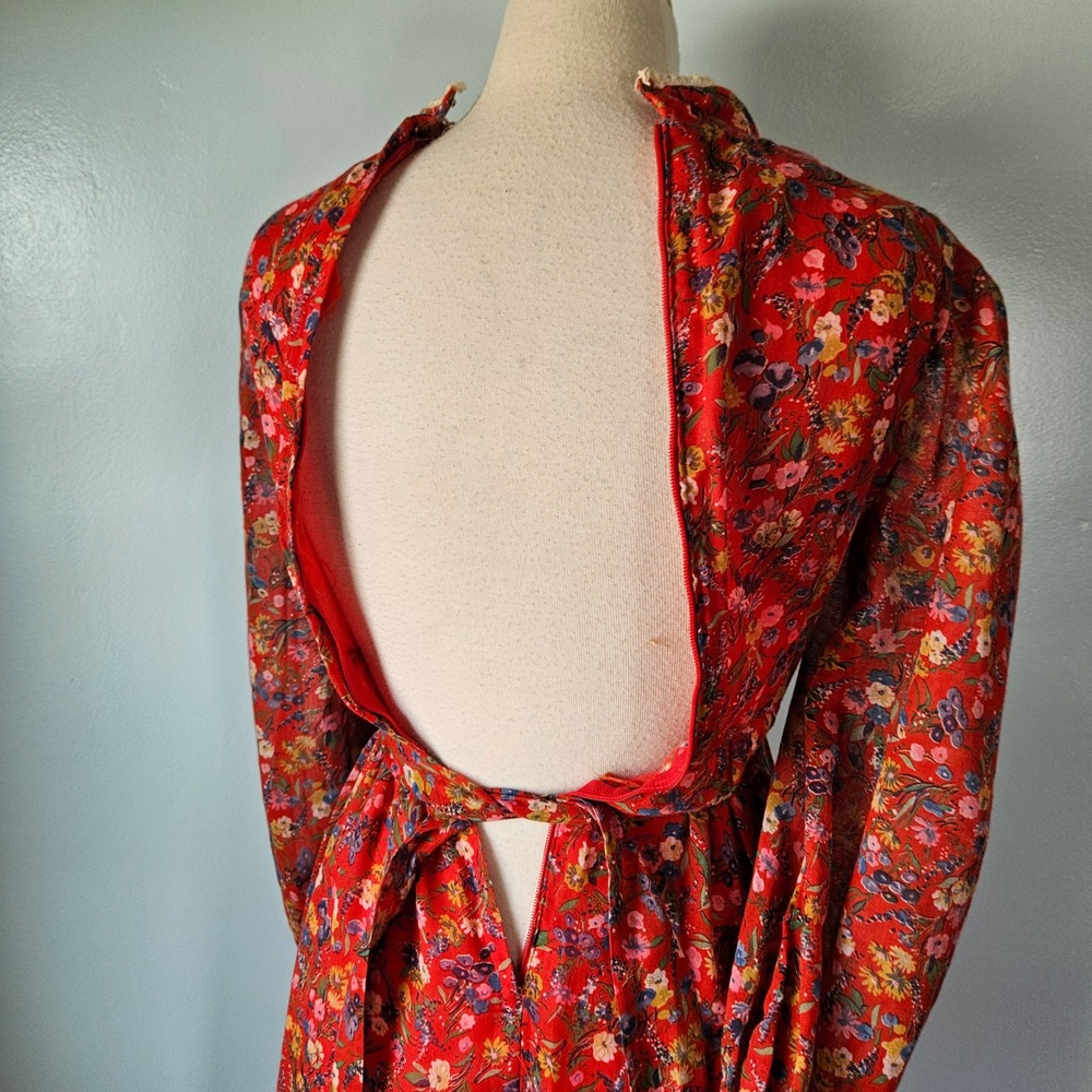 Vintage Candi Jones California Red Floral Prairie Maxi Dress Lace Up Boho 70s 5 - Picture 6 of 8